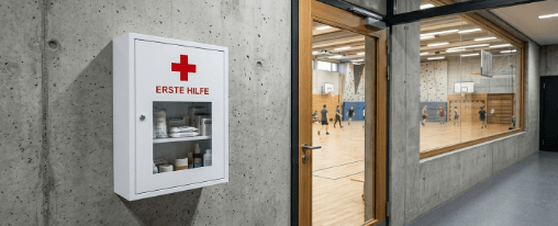 Erste-Hilfe-Schrank online kaufen bei Kübler Sport Erste-Hilfe-Schrank aus Metall für Betriebe, Sporthallen und Vereine an der Wand montiert