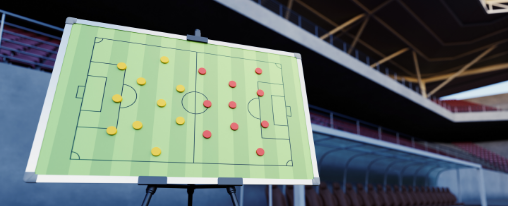 Taktiktafel online kaufen bei Kübler Sport Trainer erläutert mit einer Taktiktafel taktische Spielzüge vor einer Mannschaft im Vereinsheim
