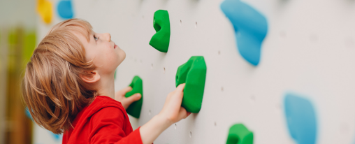 Klettergriffe online kaufen im Kübler Sport Onlineshop Kind an verschiedenen Klettergriffen an einer Kletterwand in einer modernen Kletterhalle