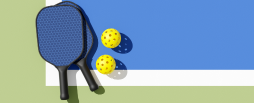Pickleball Schläger online kaufen im Kübler Sport Onlineshop Zwei Pickleball Schläger mit gelochtem Ball vor Netz auf Feld, geeignet für Racketsport