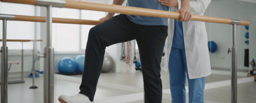 Therapiegeeignete Gehbarren mit stabilen Handl&auml;ufen auf einer Trainingsplattform in einer Rehaklinik