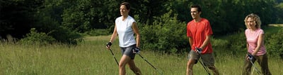 Eine Gruppe läuft mit Nordic Walking Stöcken in der Wiese