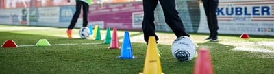 Verschiedene Fußbälle in unterschiedlichen Größen und Farben für Training, Spiel und Freizeit auf dem Spielfeld