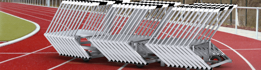 Stabiler Hürdenwagen zum sicheren Transport und zur platzsparenden Lagerung von Trainings- und Wettkampfhürden auf dem Sportplatz oder in der Halle.