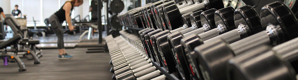 Aufnahme eines Fitnessstudios im Freihantelbereich mit Hantelablage