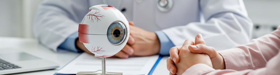 Anatomisches Augenmodell für Therapiebedarf auf weißem Hintergrund