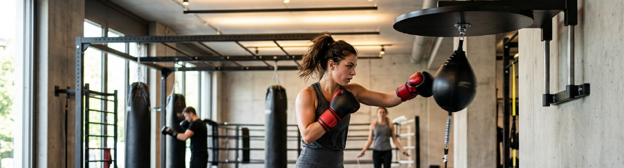 Punchingball Trainingsgerät für Kampfsportler in moderner Trainingsumgebung mit Boxhandschuhen