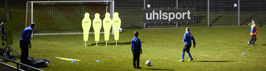 Vereinstraining beim gezielten Torschusstraining mit Trainer und Fußballmannschaft auf dem Sportplatz