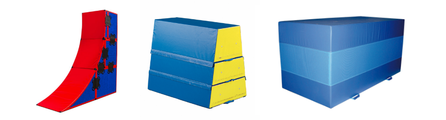 Verschiedene Sprungkästen aus Schaumstoff: Ninja Walls, Trapez-Sprungkasten, Turnquader